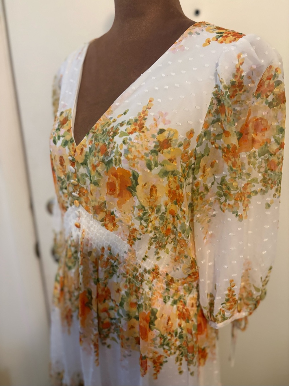 Melonie Women Sz 12 Floral buttoned smocked tie balloon sleeve V-Neck Maxi Dress - Picture 9 of 12